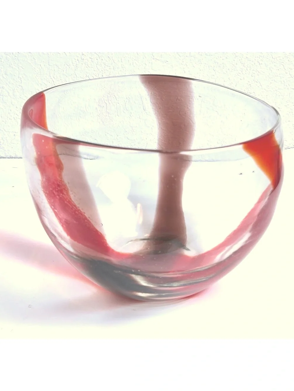 Hand-Blown Glass Bowl with Red Swirl Design